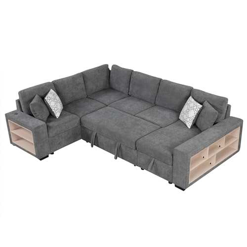 Acosure 109" U-shaped Sectional Pull-out Sofa Bed with Storage Chaise,2-in-1 Convertible Couch W/ 4 Back Pillows & 2 USB Ports,Luxurious Sleeper Furniture Set for Living Room Large Space,Grey Chenille