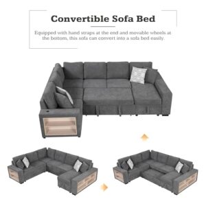 Acosure 109" U-shaped Sectional Pull-out Sofa Bed with Storage Chaise,2-in-1 Convertible Couch W/ 4 Back Pillows & 2 USB Ports,Luxurious Sleeper Furniture Set for Living Room Large Space,Grey Chenille