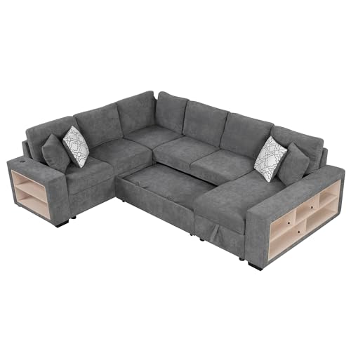 Acosure 109" U-shaped Sectional Pull-out Sofa Bed with Storage Chaise,2-in-1 Convertible Couch W/ 4 Back Pillows & 2 USB Ports,Luxurious Sleeper Furniture Set for Living Room Large Space,Grey Chenille