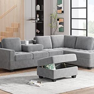 Acosure 112" Modern L-Shape Couch Set with Reversible Chaise,Sectional Convertible Sofa W/Storage Ottoman & 2 Cup Holders,Easy Assembly,6 Seat Sleeper Furniture for Living Room Apartment,Gray Velvet