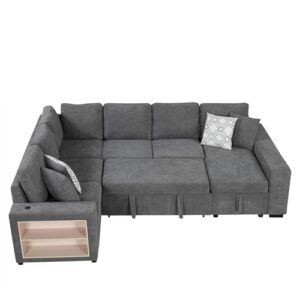 Acosure 109" U-shaped Sectional Pull-out Sofa Bed with Storage Chaise,2-in-1 Convertible Couch W/ 4 Back Pillows & 2 USB Ports,Luxurious Sleeper Furniture Set for Living Room Large Space,Grey Chenille