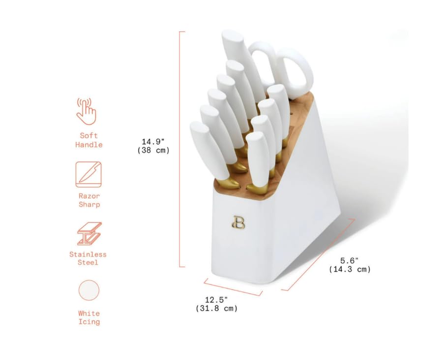 Generic 12 Piece Beautiful Knife Block Set with Soft-Grip Ergonomic Handles White and Gold by Drew Barrymore, 5306062