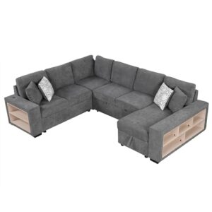 Acosure 109" U-shaped Sectional Pull-out Sofa Bed with Storage Chaise,2-in-1 Convertible Couch W/ 4 Back Pillows & 2 USB Ports,Luxurious Sleeper Furniture Set for Living Room Large Space,Grey Chenille