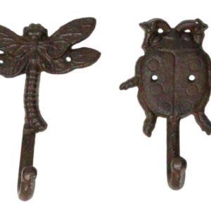 Ebros Set of 4 Cast Iron Vintage Rustic Fancy Bugs Bee Ladybug Butterfly and Dragonfly Wall Hooks Plaque Countryside Western Vintage Cottage Home Or Office Organization