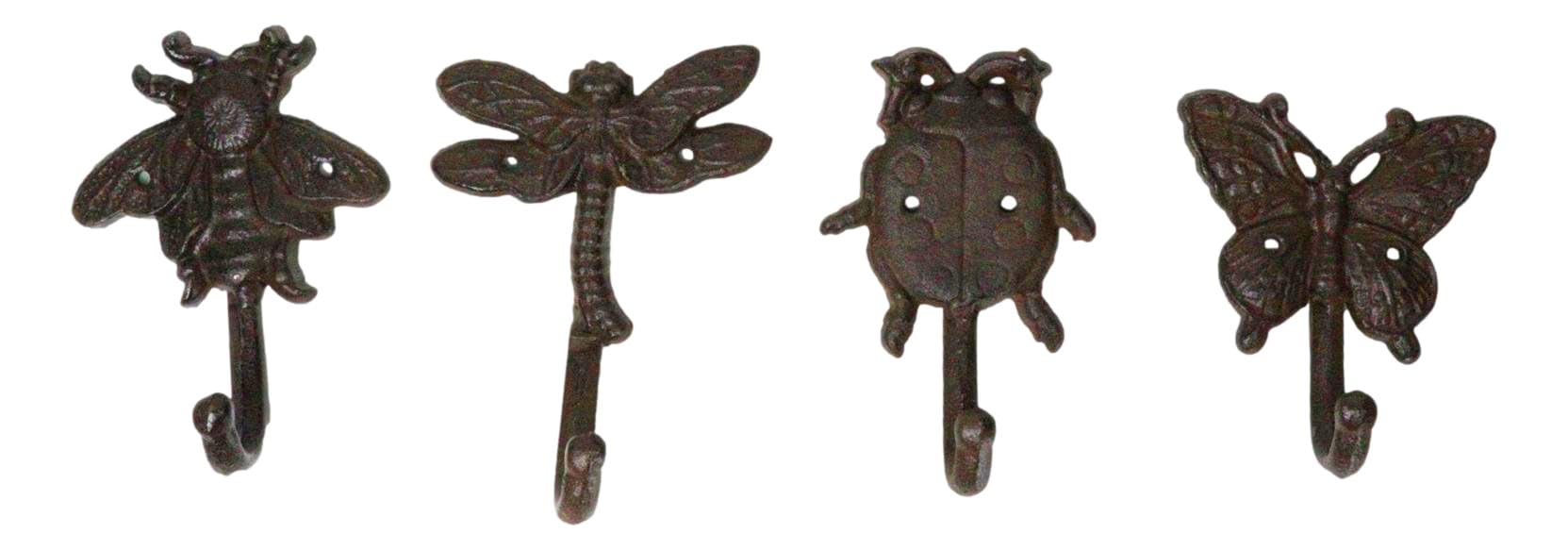 Ebros Set of 4 Cast Iron Vintage Rustic Fancy Bugs Bee Ladybug Butterfly and Dragonfly Wall Hooks Plaque Countryside Western Vintage Cottage Home Or Office Organization