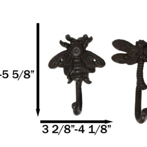 Ebros Set of 4 Cast Iron Vintage Rustic Fancy Bugs Bee Ladybug Butterfly and Dragonfly Wall Hooks Plaque Countryside Western Vintage Cottage Home Or Office Organization