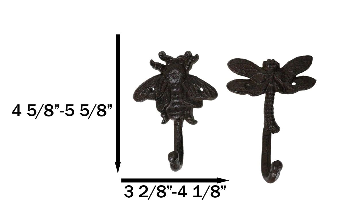 Ebros Set of 4 Cast Iron Vintage Rustic Fancy Bugs Bee Ladybug Butterfly and Dragonfly Wall Hooks Plaque Countryside Western Vintage Cottage Home Or Office Organization