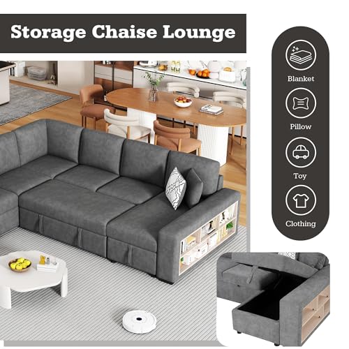 Acosure 109" U-shaped Sectional Pull-out Sofa Bed with Storage Chaise,2-in-1 Convertible Couch W/ 4 Back Pillows & 2 USB Ports,Luxurious Sleeper Furniture Set for Living Room Large Space,Grey Chenille