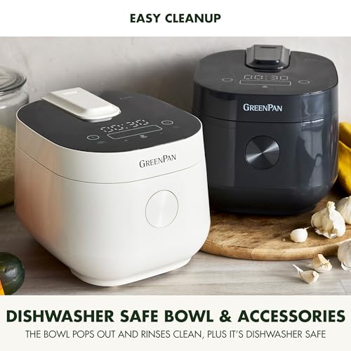 GreenPan Carb Reducing Electric Rice Cooker, 4 Cups Uncooked/8 Cooked Rice, 10 Presets, LED Display, Healthier Meals, Delay Timer, PFAS-Free Ceramic Nonstick Removable Bowl, Cool Touch, Steam, White