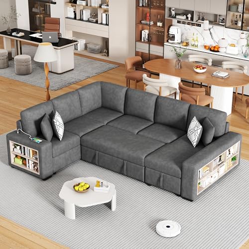 Acosure 109" U-shaped Sectional Pull-out Sofa Bed with Storage Chaise,2-in-1 Convertible Couch W/ 4 Back Pillows & 2 USB Ports,Luxurious Sleeper Furniture Set for Living Room Large Space,Grey Chenille