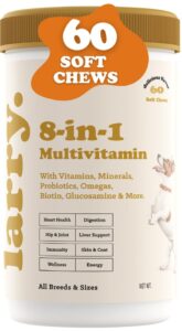 larry 8-in-1 multivitamin dog for small dogs | heart, digestion, liver, skin, coat, & joint support for dogs | with vitamins, minerals, omegas, & glucosamine chondroitin | 60 soft chews