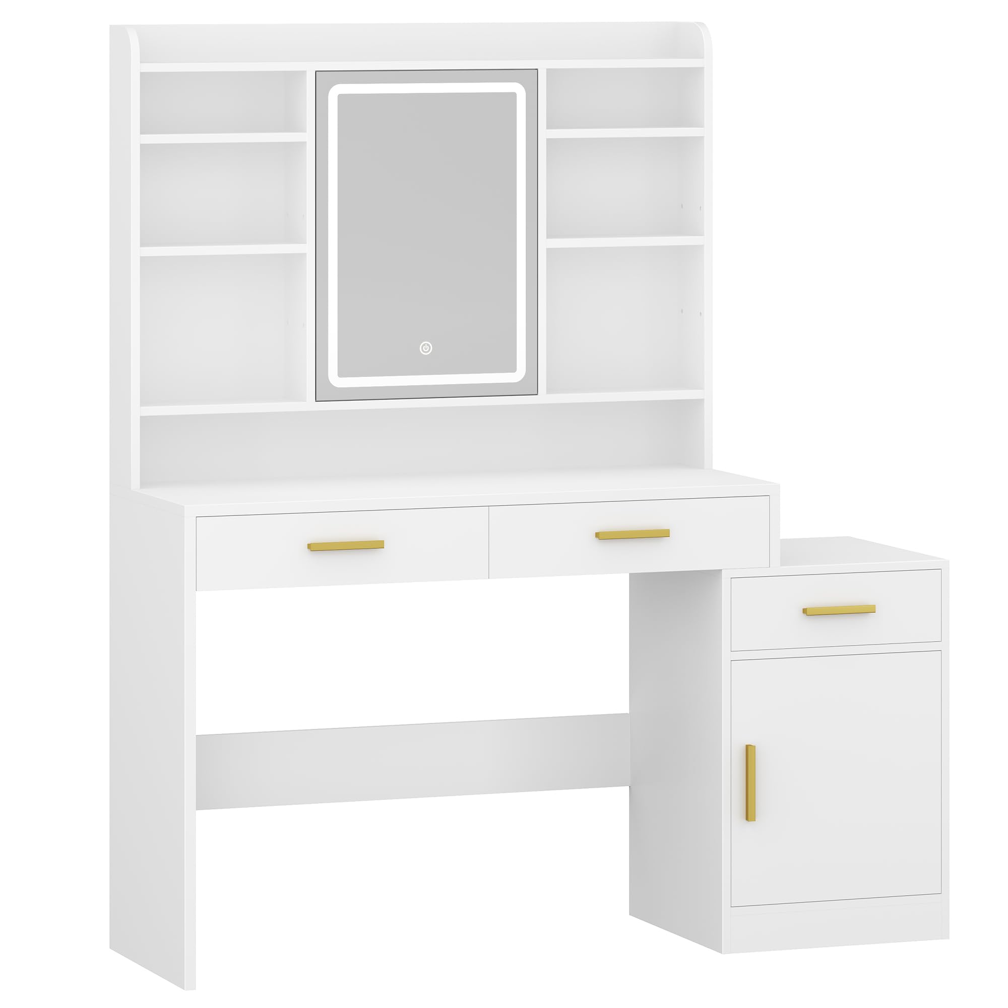 HILINSIE Large Vanity Desk with Light Mirror, Makeup Vanity Dressing Table with 3 Drawers, Adjustable Shelves, Storage Cabinet, Bedroom Vanity Table for Women‘s Day (White)