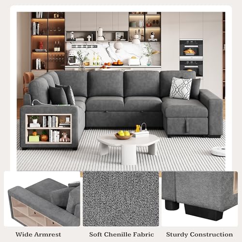 Acosure 109" U-shaped Sectional Pull-out Sofa Bed with Storage Chaise,2-in-1 Convertible Couch W/ 4 Back Pillows & 2 USB Ports,Luxurious Sleeper Furniture Set for Living Room Large Space,Grey Chenille