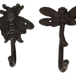 Ebros Set of 4 Cast Iron Vintage Rustic Fancy Bugs Bee Ladybug Butterfly and Dragonfly Wall Hooks Plaque Countryside Western Vintage Cottage Home Or Office Organization