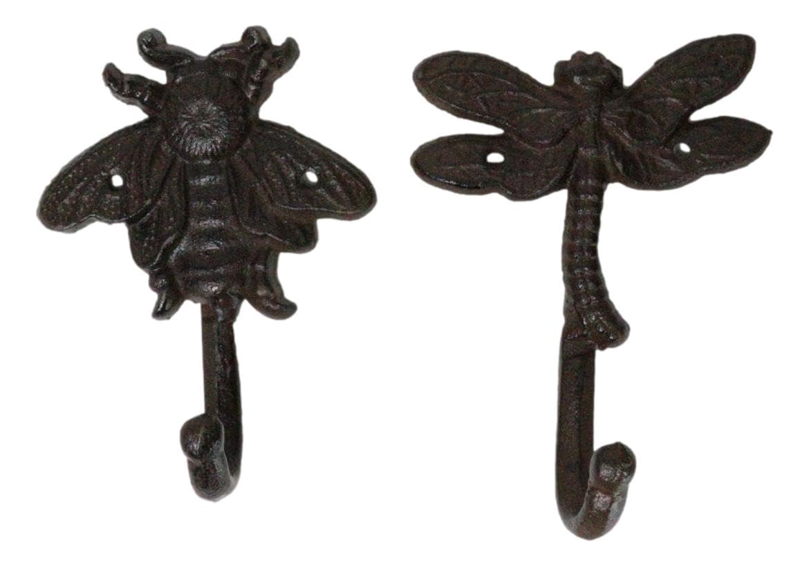 Ebros Set of 4 Cast Iron Vintage Rustic Fancy Bugs Bee Ladybug Butterfly and Dragonfly Wall Hooks Plaque Countryside Western Vintage Cottage Home Or Office Organization