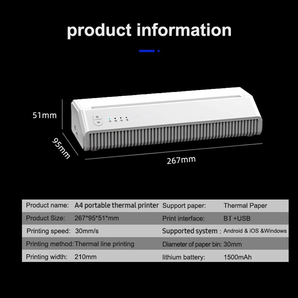 Portable A4 Thermal Printer Test Paper BT+USB Dual-Mode Document Photo Printer BT Printer Built-in Battery