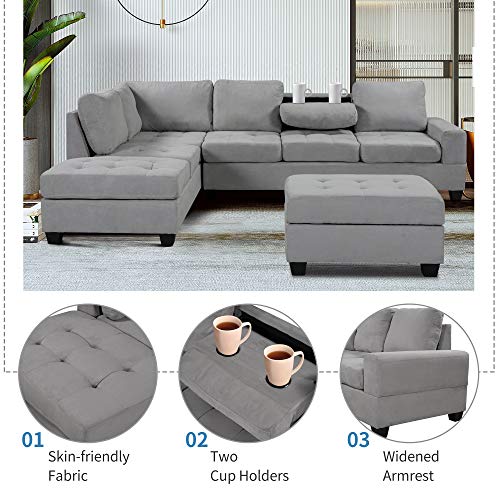 Acosure 112" Modern L-Shape Couch Set with Reversible Chaise,Sectional Convertible Sofa W/Storage Ottoman & 2 Cup Holders,Easy Assembly,6 Seat Sleeper Furniture for Living Room Apartment,Gray Velvet