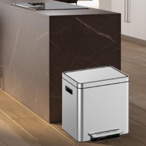 Fashionwu 30L/8 Gallon Trash Can, Rectangular Garbage Can with Soft-Close Foot Pedal, Double Compartment Classified Garbage Can, Stainless Steel Trash Can with Metal Lid & Removable Inner Bucket