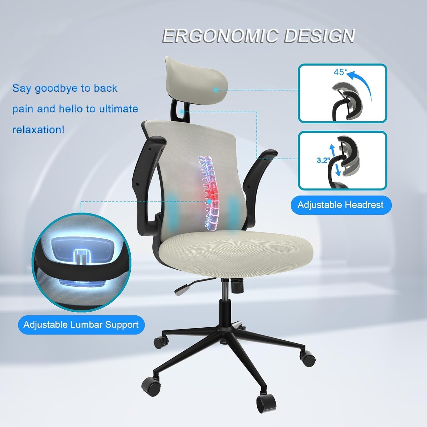 Ergonomic Office Chair, Mesh Desk Office Chair with Adjustable Headrest & Lumbar Support, High Back Task Computer Chair with Flip-up Armrests, Executive Chair for Home Office (Grey)