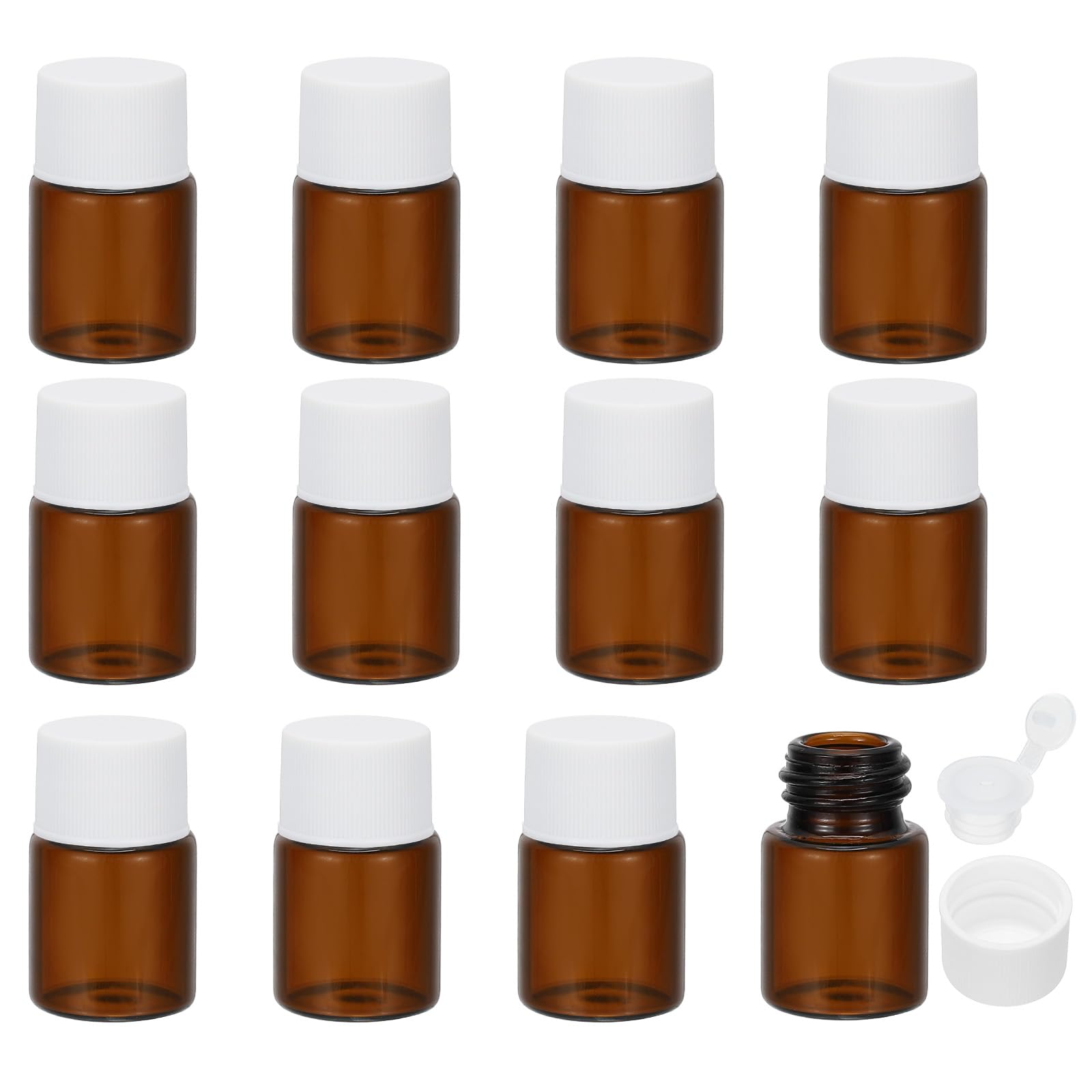 PATIKIL 5ml Essential Oil Bottles, 12 Pack Amber Glass Bottles with Orifice Reducer Sample Vial Slim Screw Cap Storage Vials Container, White