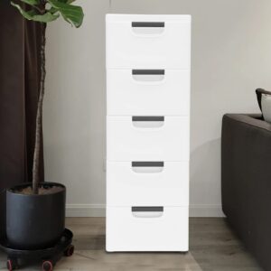 DCEHKR 5 Tier Plastic Drawers Dresser, Storage Drawers, Plastic Drawer Storage with 5 Wheels, Stackable Vertical Clothes Storage Tower, Storage Cabinet Organizer for Storing Clothes (White)