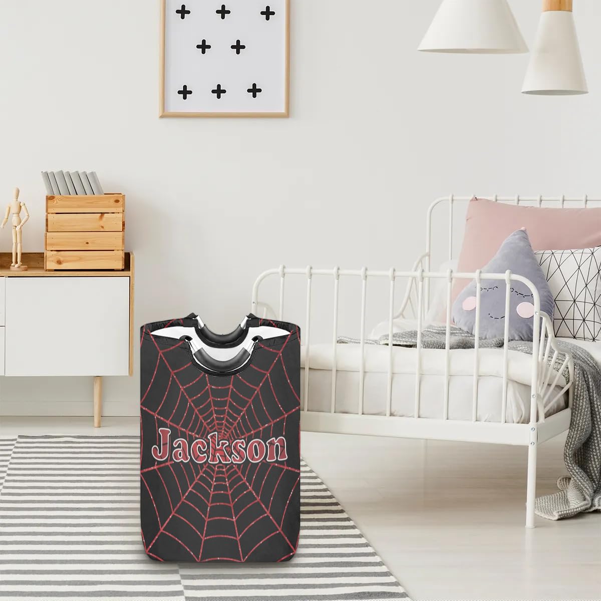 Red Spider Web Personalized Laundry Basket with Handles, Custom Laundry Hamper with Name for Bathroom, Dirty Clothes Storage Basket Gifts for Men Women Boys Girls