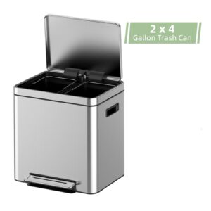 Fashionwu 30L/8 Gallon Trash Can, Rectangular Garbage Can with Soft-Close Foot Pedal, Double Compartment Classified Garbage Can, Stainless Steel Trash Can with Metal Lid & Removable Inner Bucket