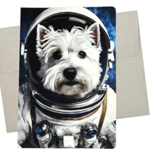 westie astronaut in space card (1 premium folded card, blank inside, 5x7 inches) west highland white terrier in outer space birthday card or graduation note - 1007