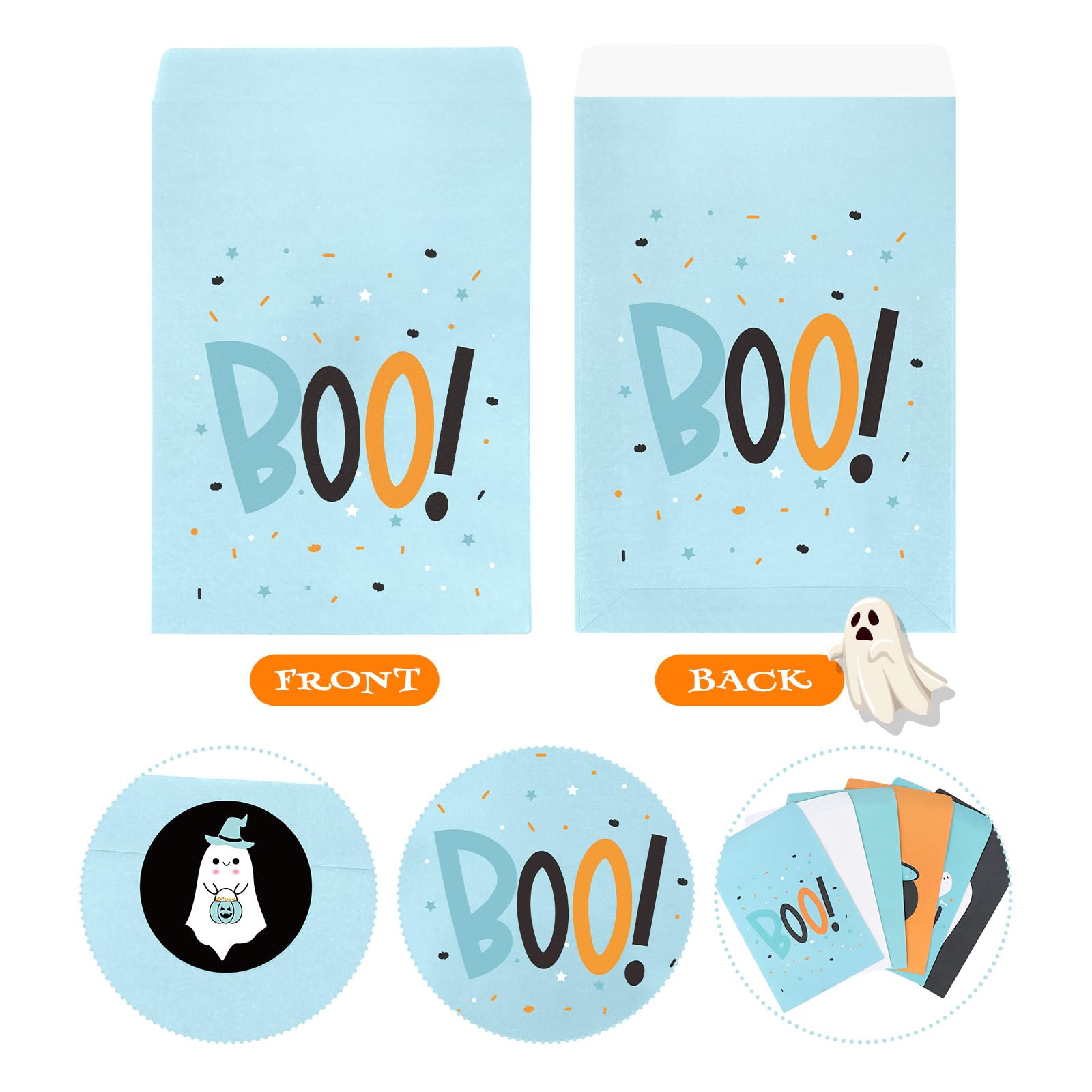 FHzytg 48Pcs Halloween Boo Party Favor Bags, Blue Halloween Ghost Candy Bags Halloween Party Gift Bags for Girl Boy Halloween Spooky Birthday Decorations Boo Baby Shower Happy Boo Day Decorations