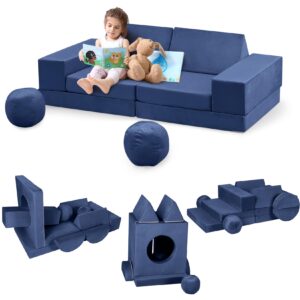 garveehome 12pcs modular kids play couch, toddler couch child sectional sofa for creative play, sleeping, reading, convertible sofa foam couch building fort for playroom bedroom, navy blue