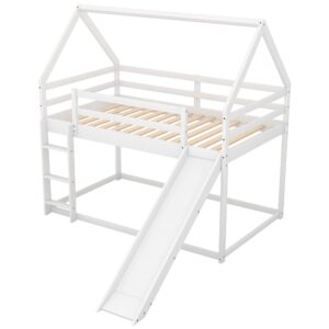 DreamBuck House Bunk Bed with Slide, Solid Wood Low Bunk Bed Twin Over Twin with Roof and Safety Guardrail, Twin Floor Bunk Bed for Kids Teens Girls Boys, No Box Spring Needed, White