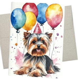 yorkie birthday card (1 premium folded card, 5x7 inch) blank inside for any happy celebration like promotion, retirement and graduation - 947