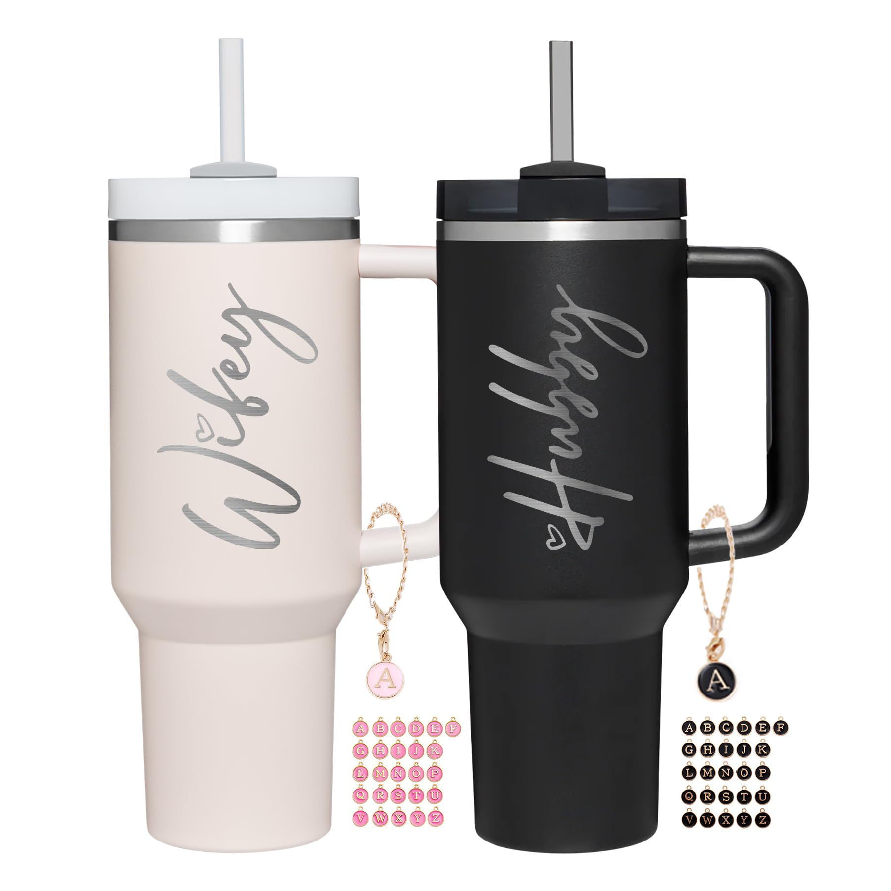 JETIKON Wifey Hubby 40 oz Tumbler Cup for Couples with Handle Lids Straws Letter Charm Accessories 2 Pack Wedding Gifts for Couples 2024 Engagement gift Bridal Shower Gift for Bride Groom Newlyweds