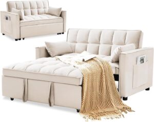 spoway 3 in 1 sleeper sofa couch bed, velvet convertible loveseat sleeper sofa with 3 level adjustable backrest, storage pockets, toss pillows, pull out loveseat sleeper for living room, beige