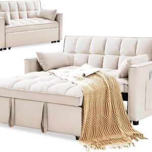 SPOWAY 3 in 1 Sleeper Sofa Couch Bed, Velvet Convertible Loveseat Sleeper Sofa with 3 Level Adjustable Backrest, Storage Pockets, Toss Pillows, Pull Out Loveseat Sleeper for Living Room, Beige