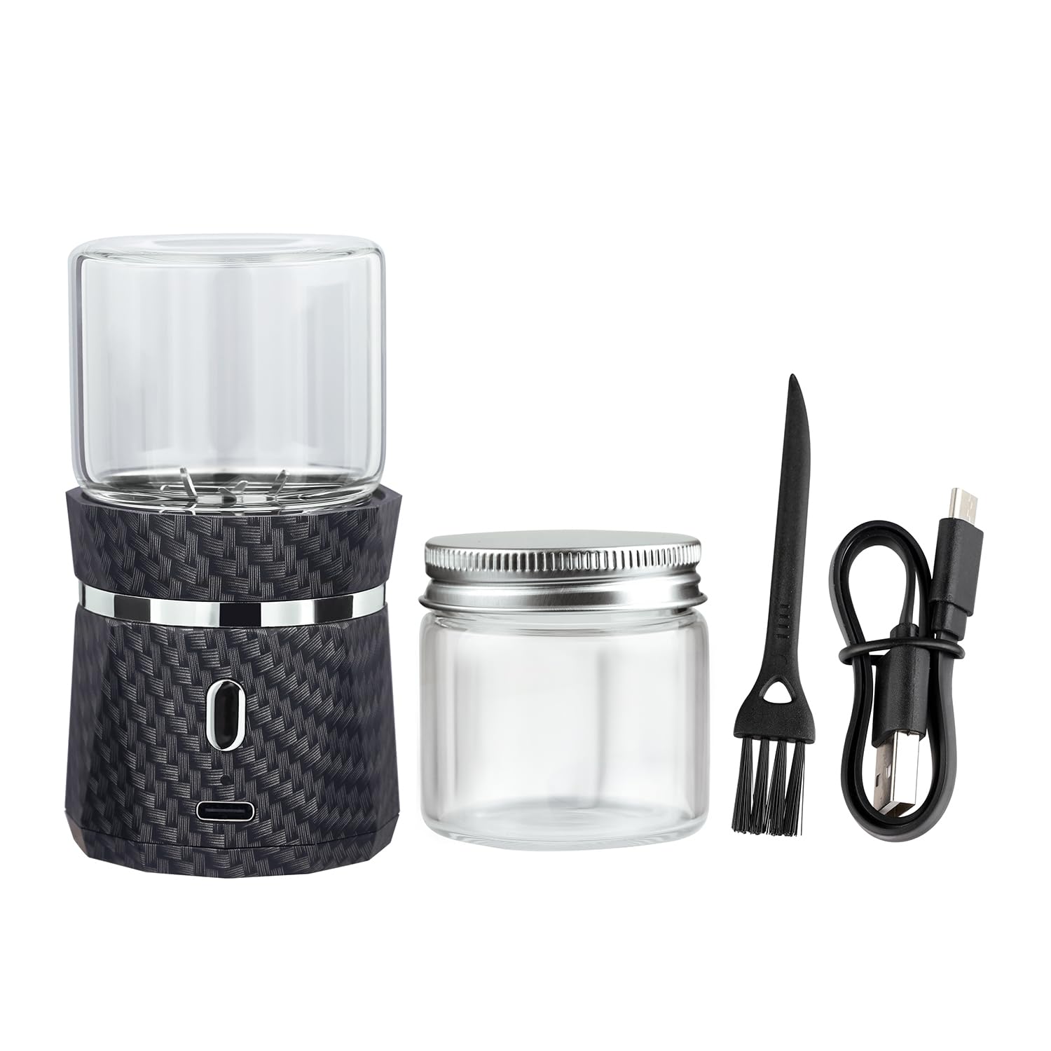 Unique Electric Herb Grinder, Small Spice Grinder Electric herb Grinders Mini Size 2x3.5inches with 2pcs 1.7oz/50ml Glass Jar Herb Jar Portable Grinders Rechargeable Automatic herb Grinder