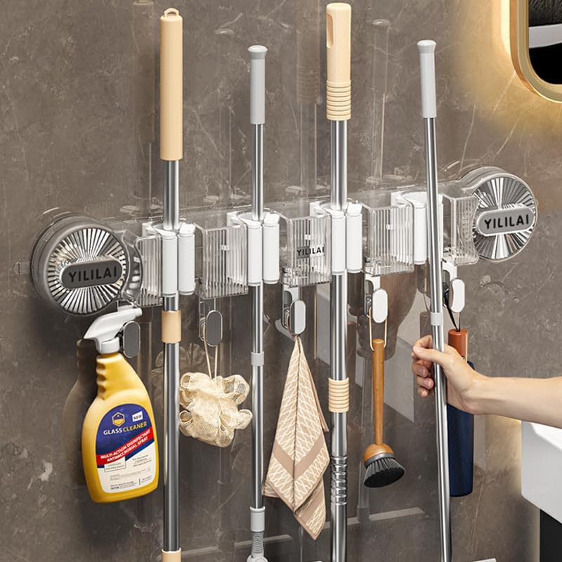 VIHOGFINT Mop & Broom Holder Wall Mount - Suction Cup Design for Easy Storage and Organization | 4 Slots & 5 Hooks | Perfect for Kitchen, Garden, Closet, Laundry Room