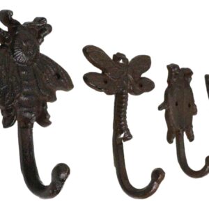 Ebros Set of 4 Cast Iron Vintage Rustic Fancy Bugs Bee Ladybug Butterfly and Dragonfly Wall Hooks Plaque Countryside Western Vintage Cottage Home Or Office Organization