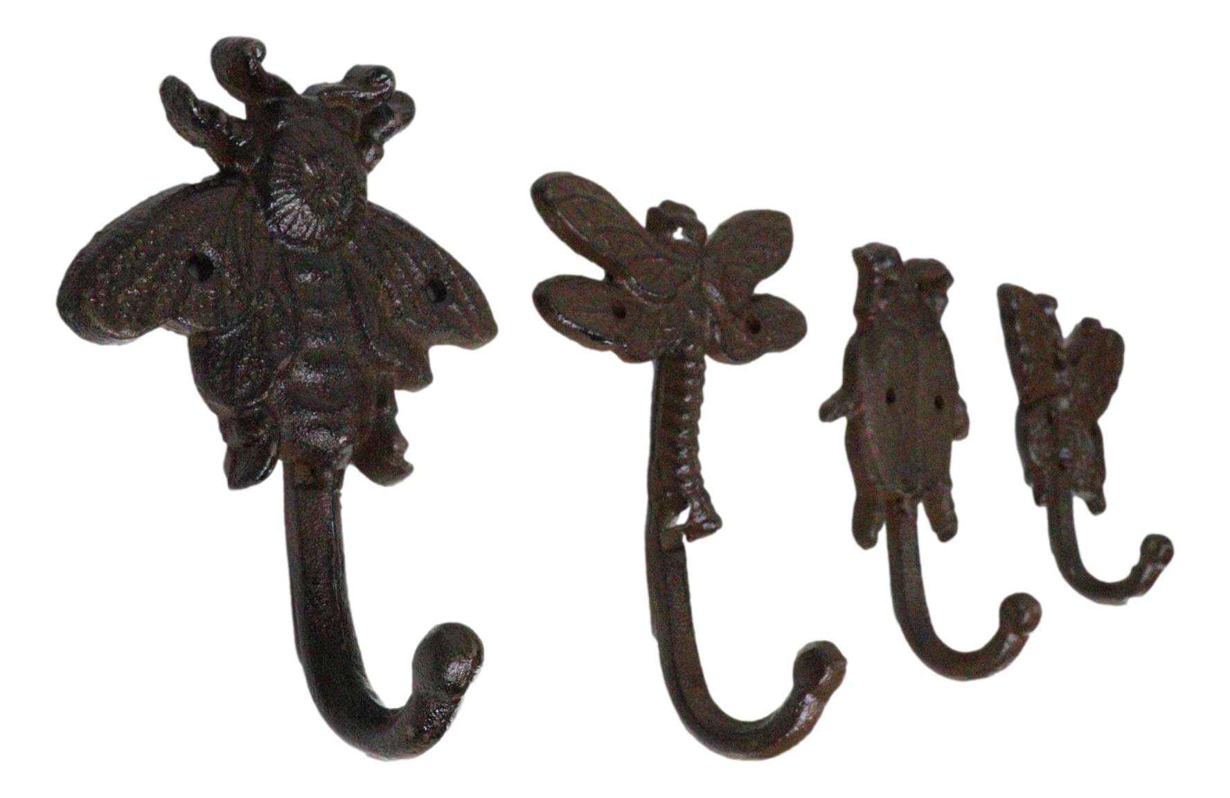 Ebros Set of 4 Cast Iron Vintage Rustic Fancy Bugs Bee Ladybug Butterfly and Dragonfly Wall Hooks Plaque Countryside Western Vintage Cottage Home Or Office Organization