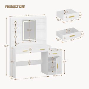 HILINSIE Large Vanity Desk with Light Mirror, Makeup Vanity Dressing Table with 3 Drawers, Adjustable Shelves, Storage Cabinet, Bedroom Vanity Table for Women‘s Day (White)