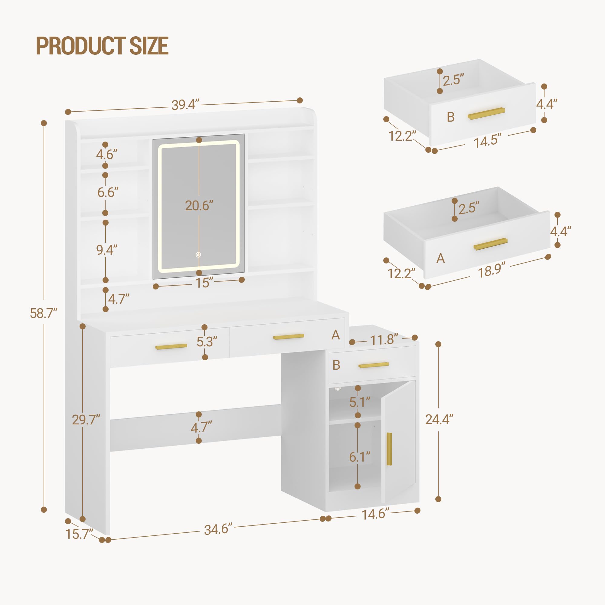 HILINSIE Large Vanity Desk with Light Mirror, Makeup Vanity Dressing Table with 3 Drawers, Adjustable Shelves, Storage Cabinet, Bedroom Vanity Table for Women‘s Day (White)