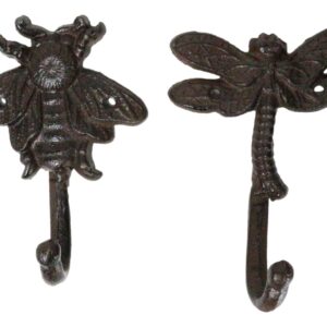 Ebros Set of 4 Cast Iron Vintage Rustic Fancy Bugs Bee Ladybug Butterfly and Dragonfly Wall Hooks Plaque Countryside Western Vintage Cottage Home Or Office Organization