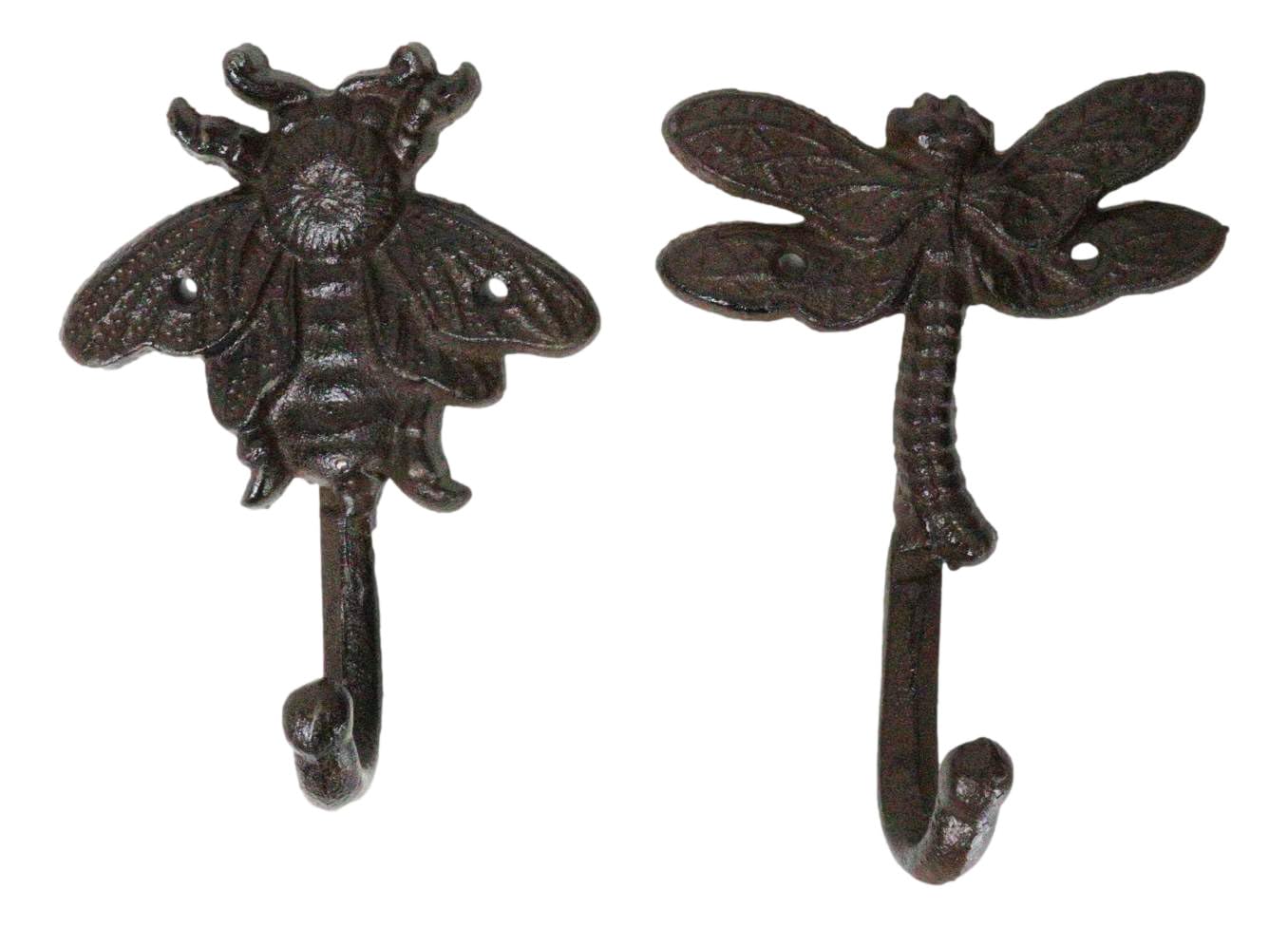 Ebros Set of 4 Cast Iron Vintage Rustic Fancy Bugs Bee Ladybug Butterfly and Dragonfly Wall Hooks Plaque Countryside Western Vintage Cottage Home Or Office Organization