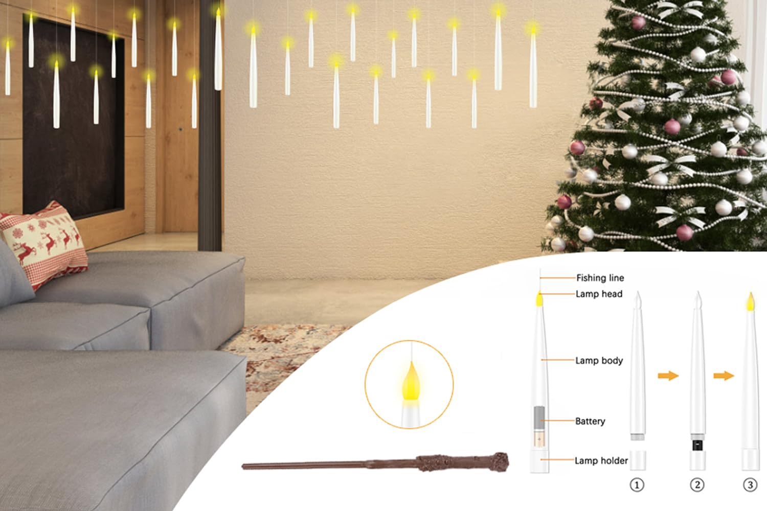 GTYZZH Floating Candles with Wand, 24PCS Hanging Candles with Remote Wand, Warmwhite Flickering Flameless Magic Floating Candle Lights for Halloween Christmas Decorations