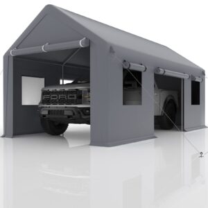 DEXSO Carport 13'x20' Portable Garage, Heavy Duty Carport Canopy, Reinforced Steel Poles, 4 Roll-up Doors & 4 Windows, for Pickup, Boat, and Equipment, Gray