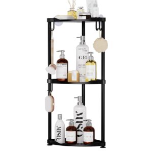 swtymiki corner shower caddy standing - 3 tier stainless steel corner shower organizer stand, large capacity floor shower shelf with 4 hooks, rustproof shower storage for bathroom and bathtub, black