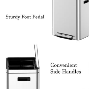 Fashionwu 30L/8 Gallon Trash Can, Rectangular Garbage Can with Soft-Close Foot Pedal, Double Compartment Classified Garbage Can, Stainless Steel Trash Can with Metal Lid & Removable Inner Bucket