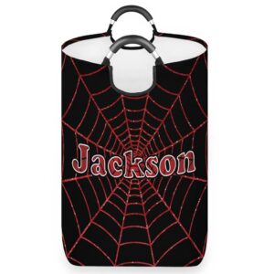 red spider web personalized laundry basket with handles, custom laundry hamper with name for bathroom, dirty clothes storage basket gifts for men women boys girls