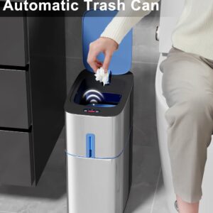 CTIME Slim Motion Sensor Bathroom Trash can Automatic touchless,Stainless Steel Garbage can with lid,3 Gallon Waste Basket,Smart bin Electric Trash cans (Includes 8 Bag Roll)