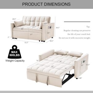 SPOWAY 3 in 1 Sleeper Sofa Couch Bed, Velvet Convertible Loveseat Sleeper Sofa with 3 Level Adjustable Backrest, Storage Pockets, Toss Pillows, Pull Out Loveseat Sleeper for Living Room, Beige